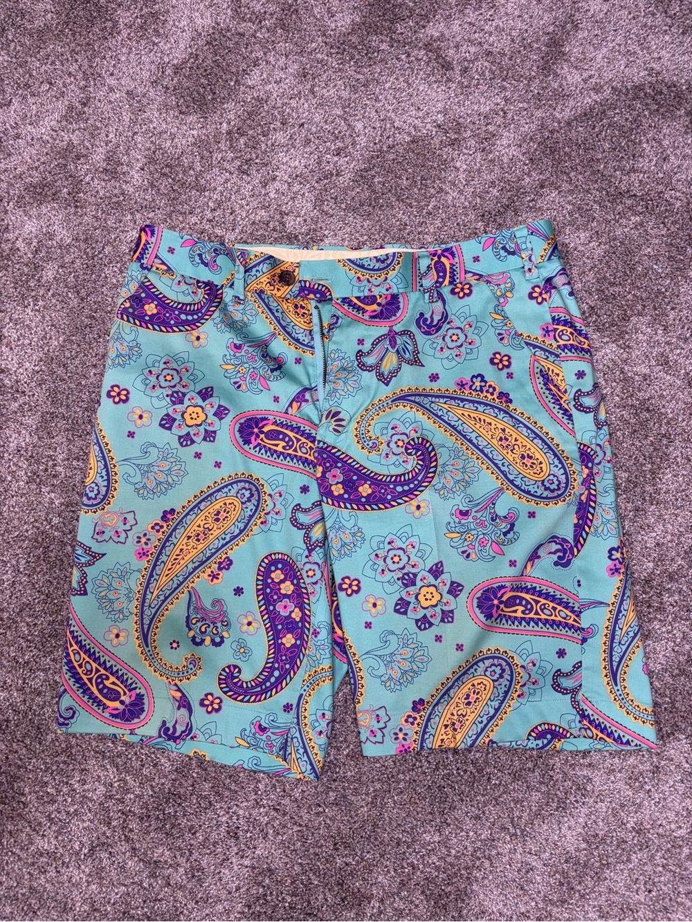 Loudmouth Aqua Paisley Golf Shorts with Purple and Gold Accents